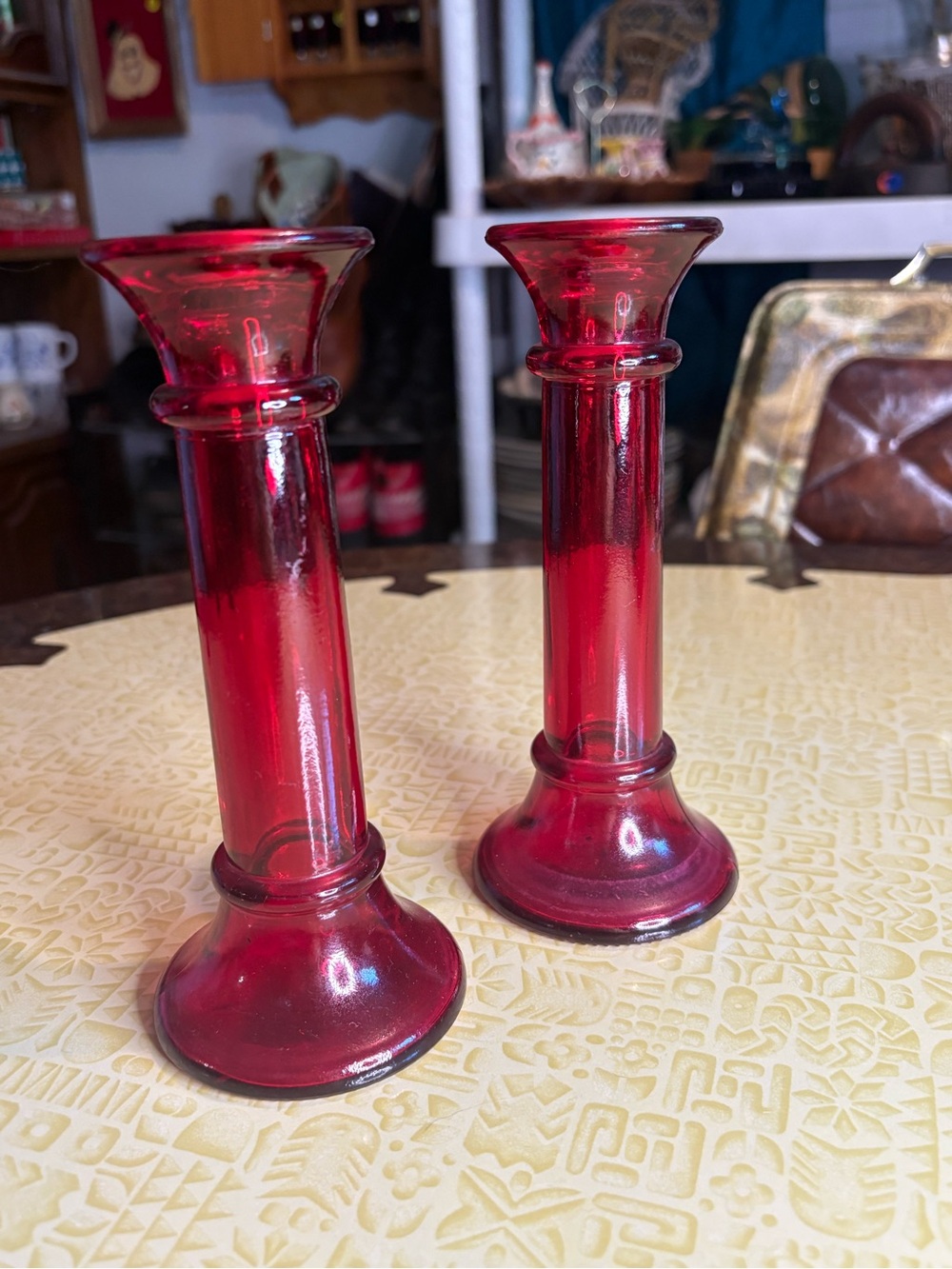 Vintage Red Glass Candlestick Holders - Elegant Home Accent